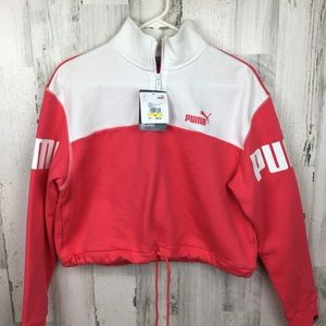 Puma Power Cropped Relaxed Fit Half Zip Crew Paradise Pink Pullover M New.